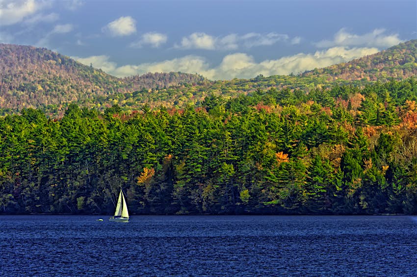 A sailboat in autumn on Lake Champlain