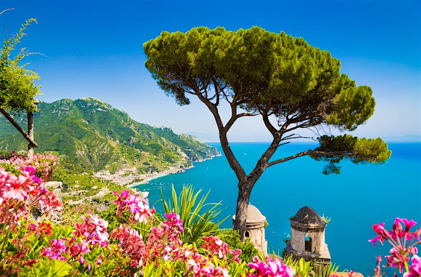 Picture postcard view of famous Amalfi Coast from Ravello, Italy