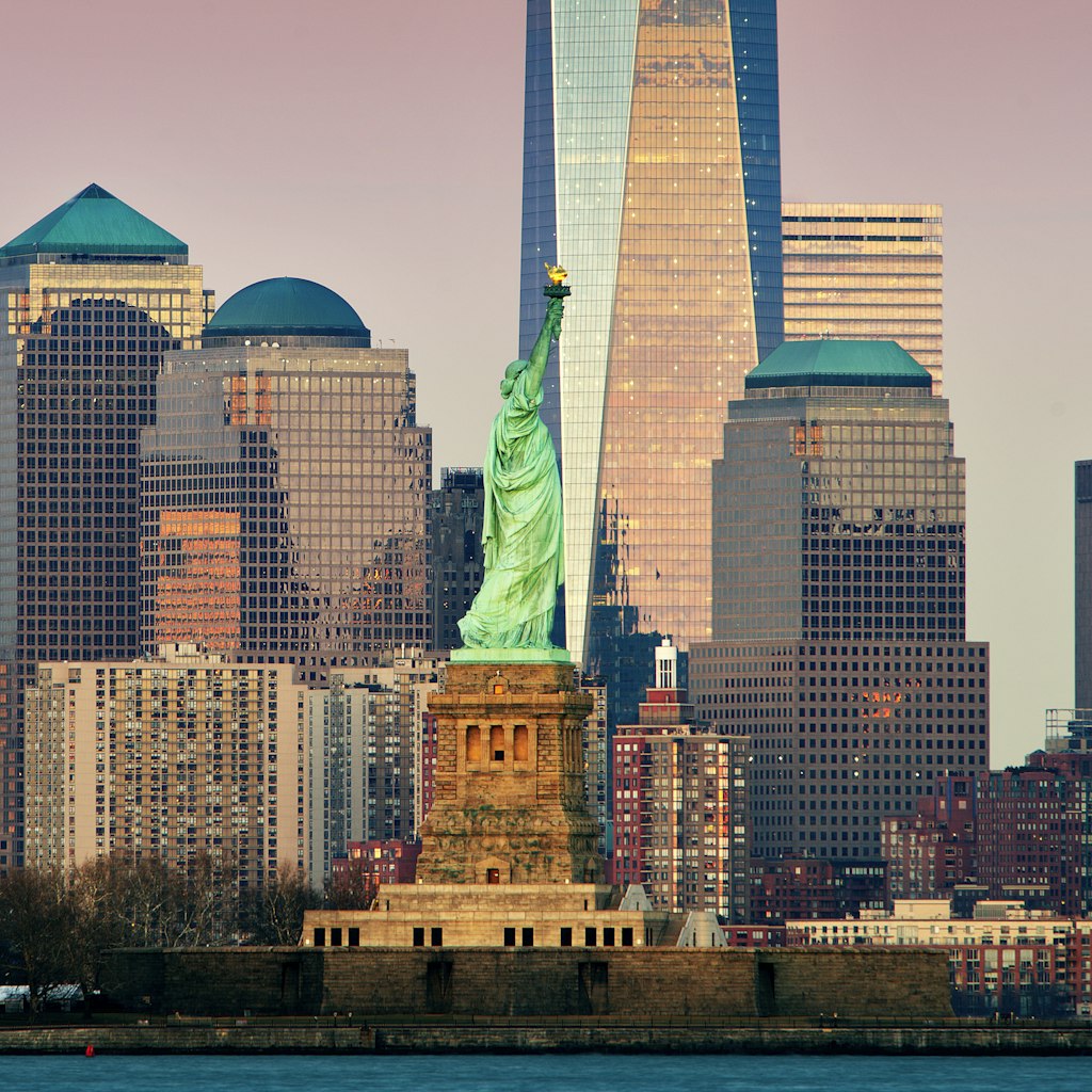 View of Statue of Liberty, One World Trade Center, Lower Manhattan, Downtown New York City, from Jersey City.