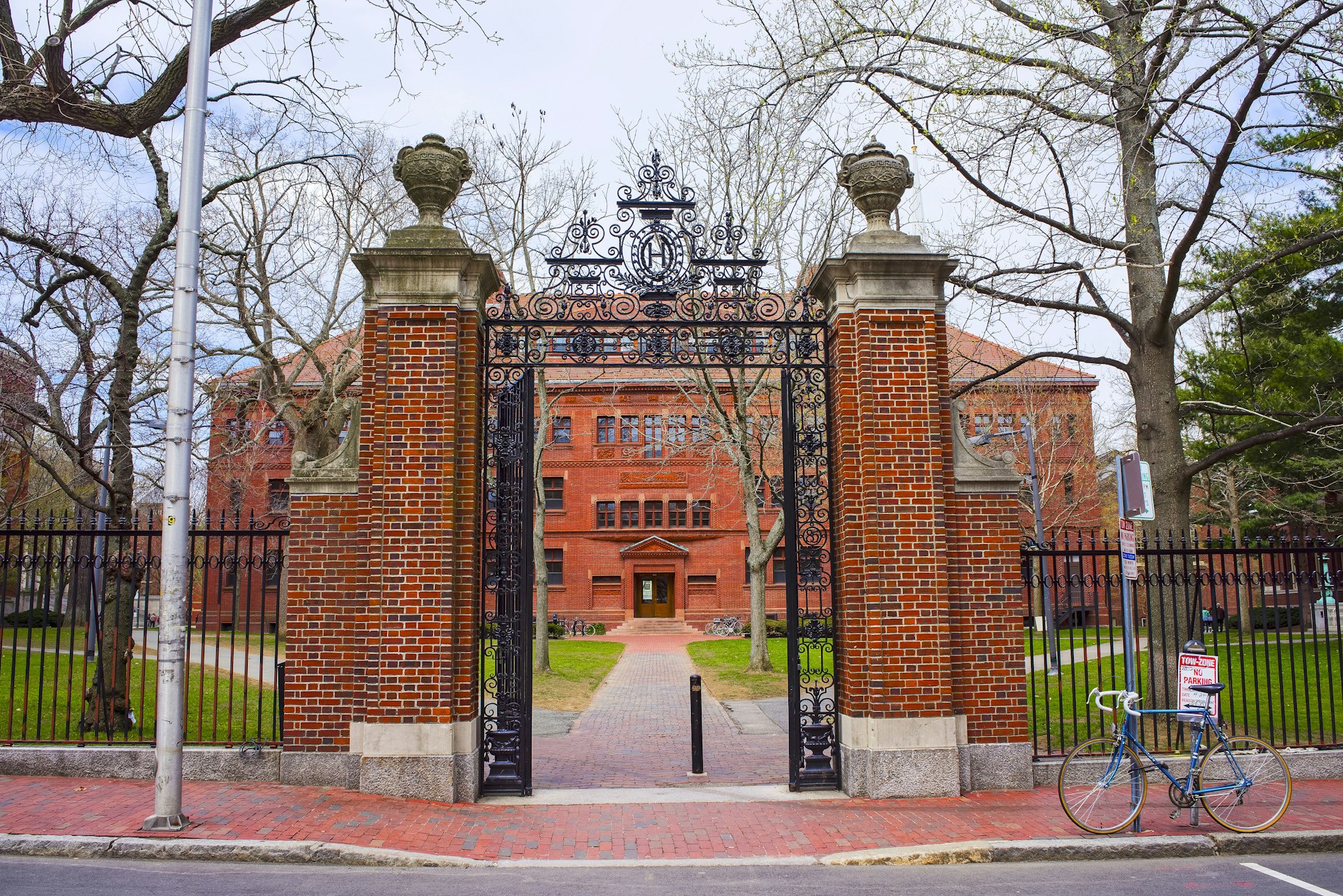 Entrance gate and Sever Hall at Harvard Yard in Cambridge