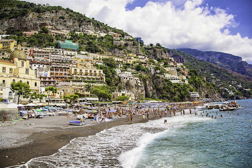 People on Positano Beach on the Amalfi Coast, Italy