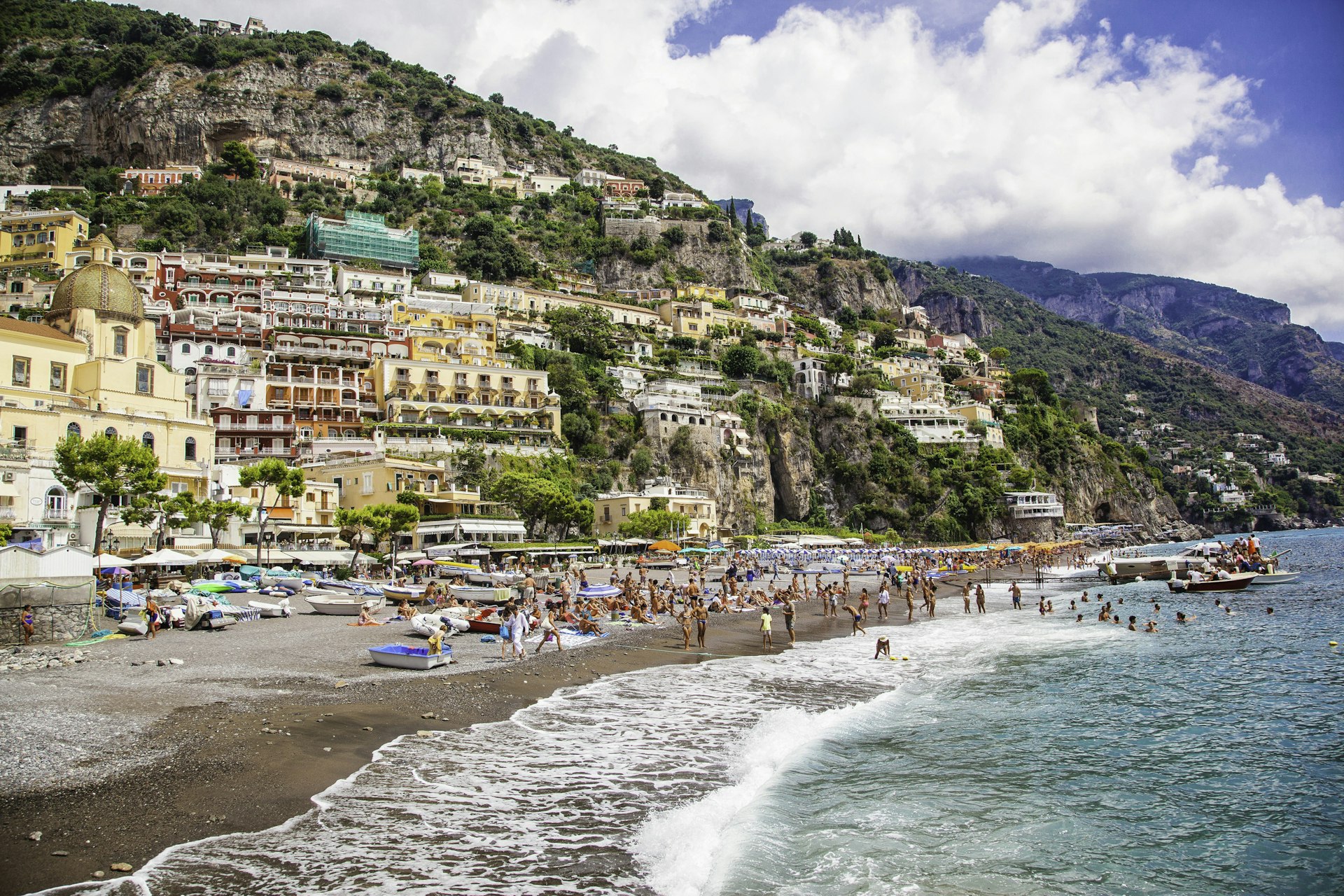 People on the beach at Positano on the Amalfi Coast, Italy
