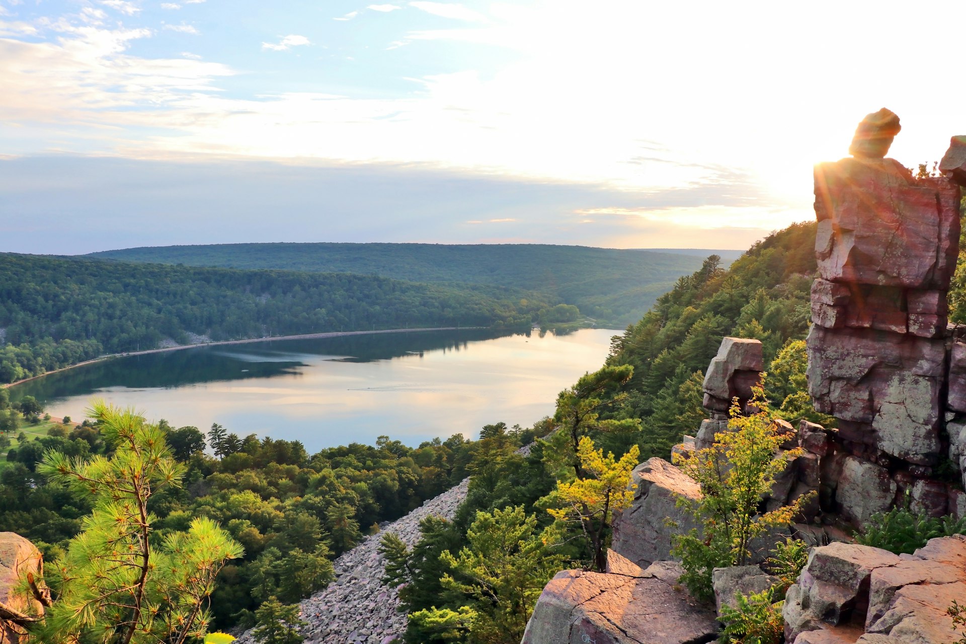 High-angle view of the south shore of Devil's Lake at Devil's Lake State Park during sunset
