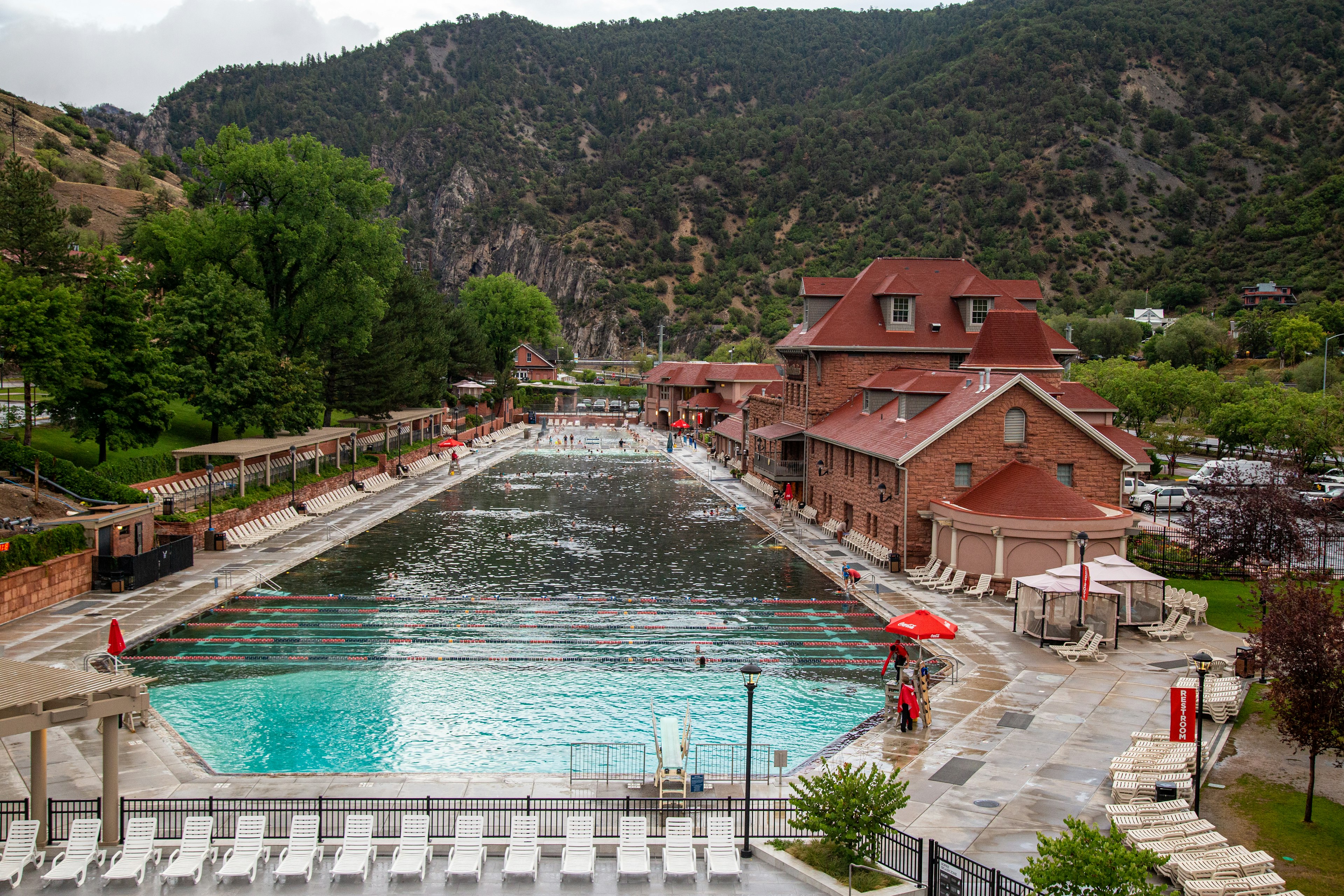 A pool surrounded by mountains