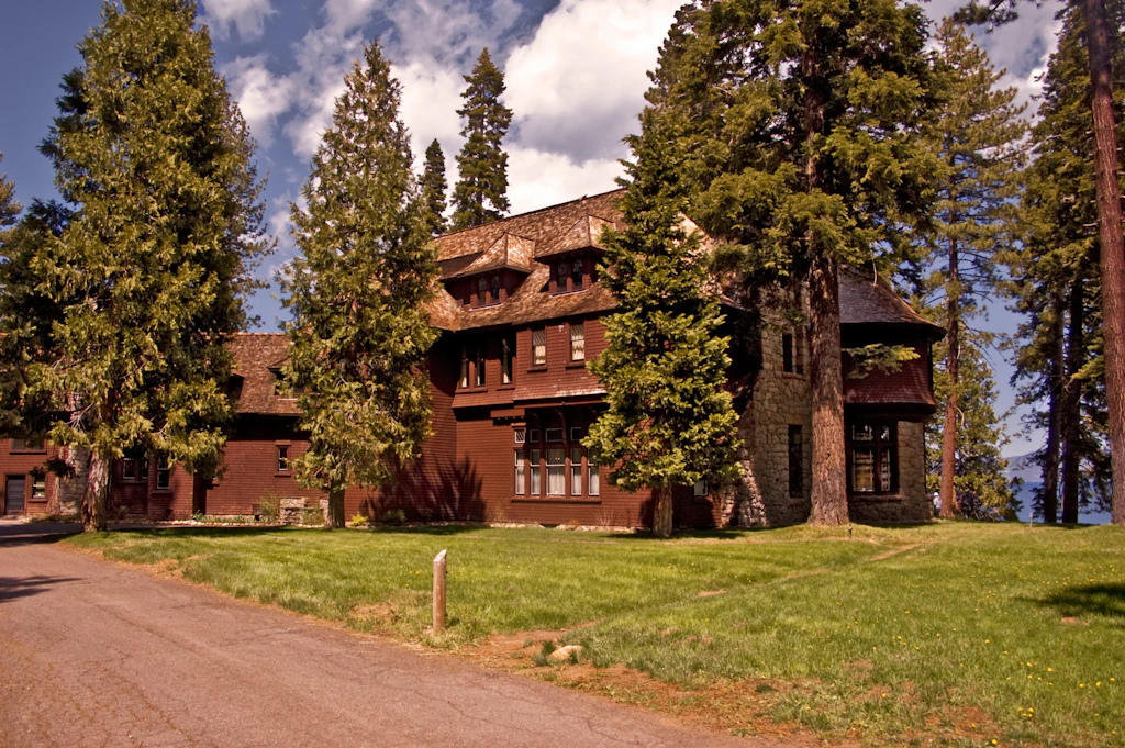 The exterior of the historic Ehrman Mansion in Ed Z'berg Sugar Pine Point State Park on Lake Tahoe