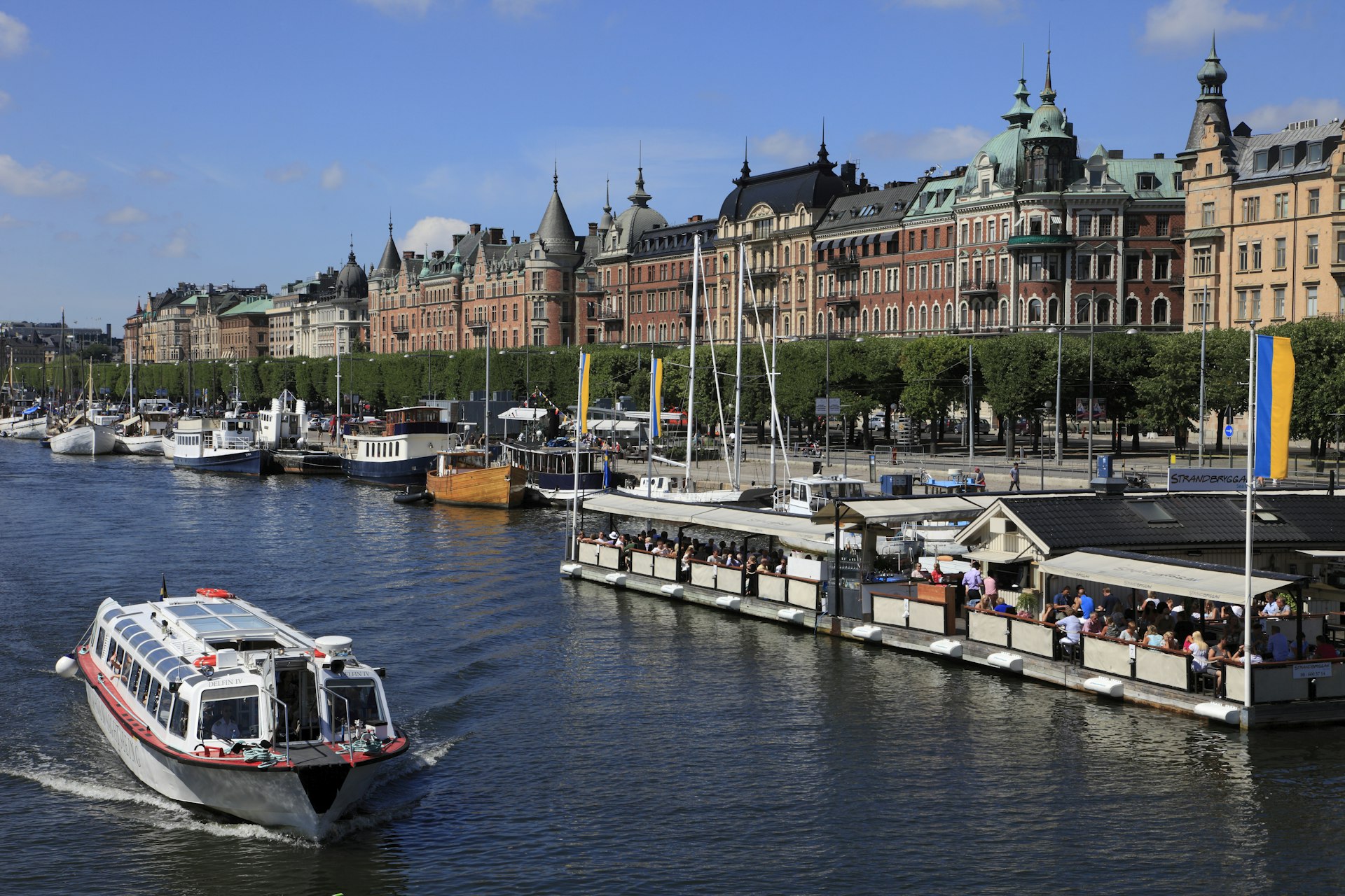 Sweden, Stockholm, StrandvÃ¤gen street, harbour, boats, floating restaurant,