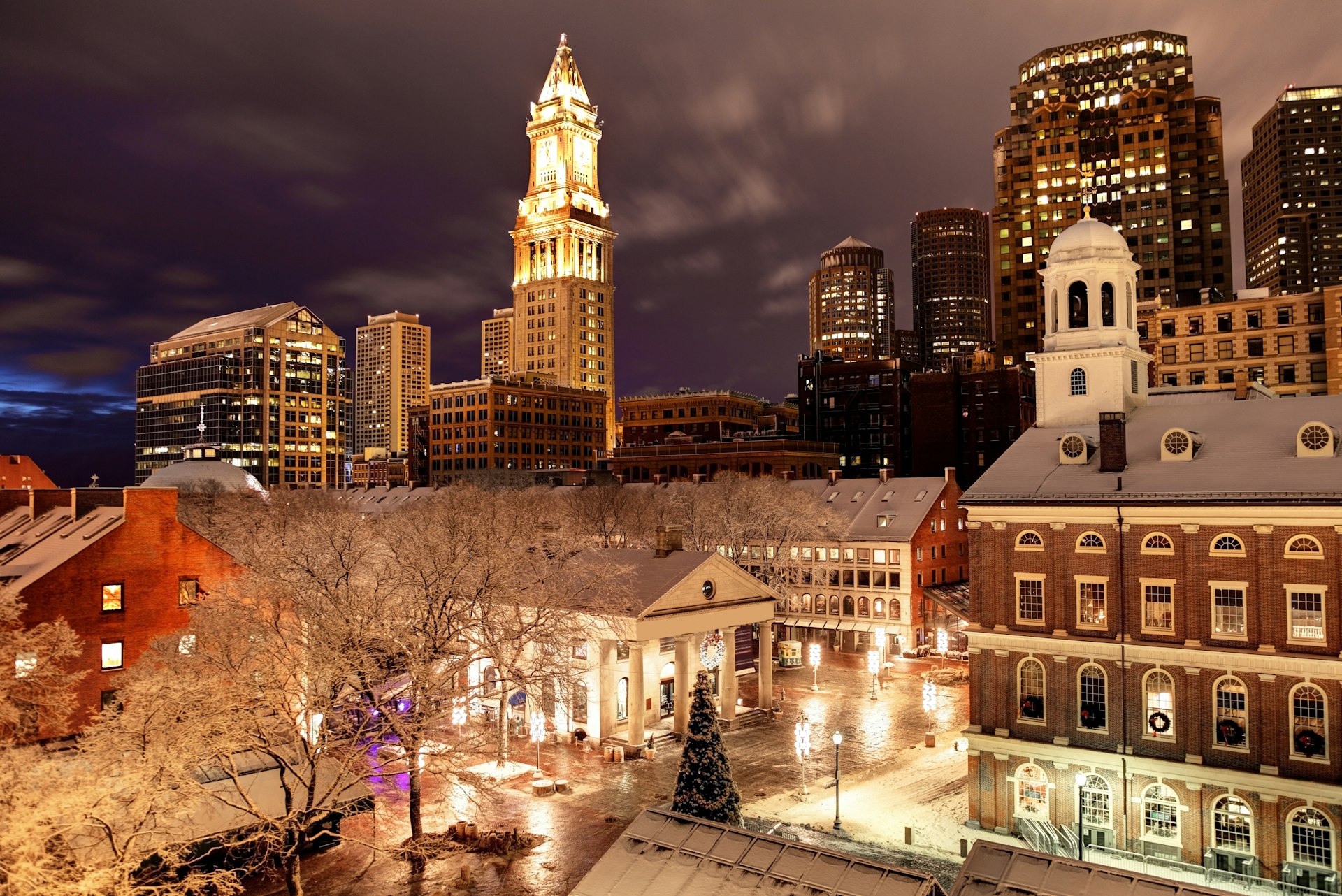 Holiday lights in the Faneuil Hall Marketplace after a dusting of snow in Boston