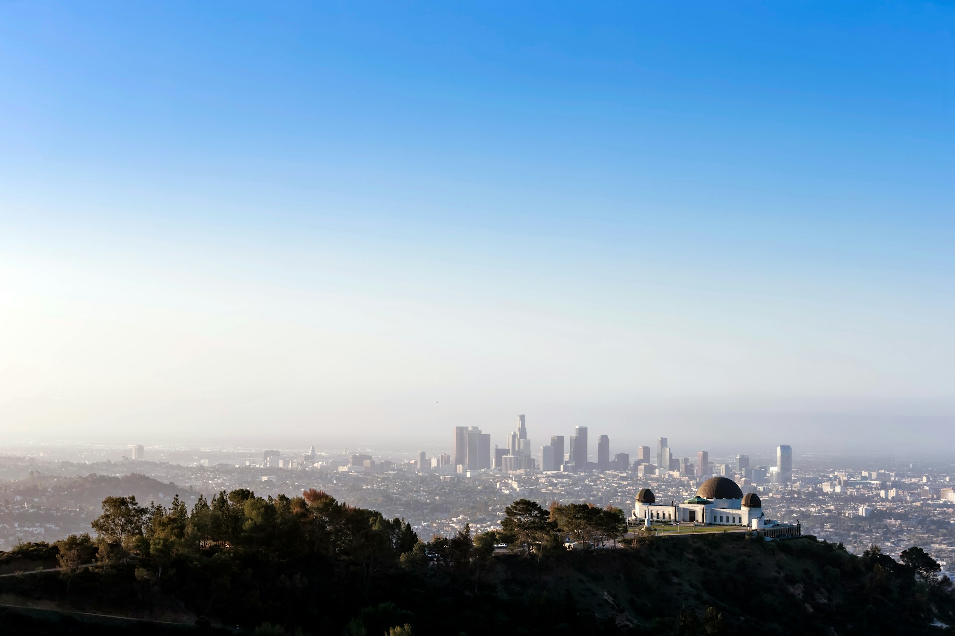 Blue skies over Griffith Observatory, with Los Angeles in the background