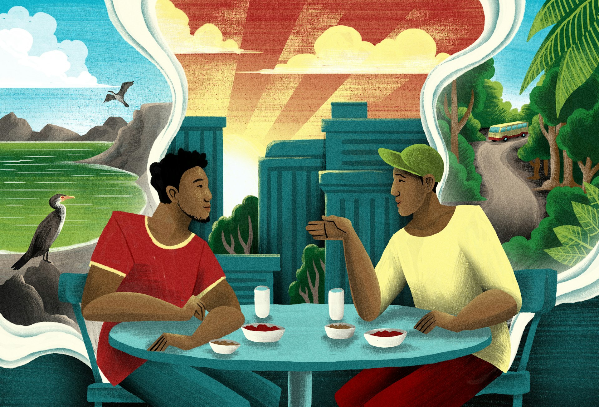 An illustration of two Kenyan travelers discussing travel plans over a cup of coffee at a cafe 
