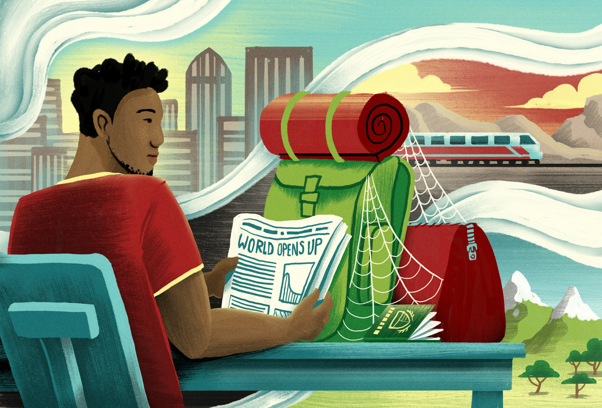 An illustration of a black traveller who is reading a newspaper, whose headline reads "world opens up", whilst his backpack gathers cobwebs and he dreams of trains and green spaces and cities