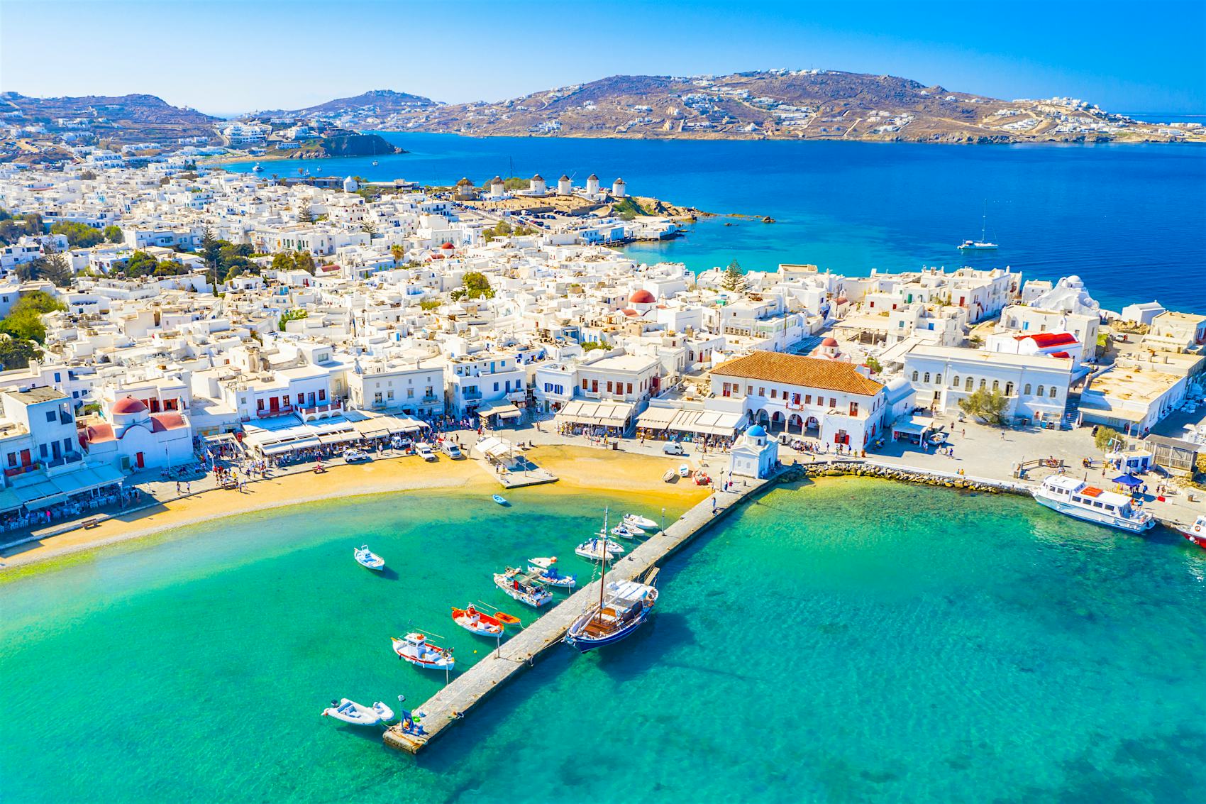 Aerial of a jetty at Mykonos town
