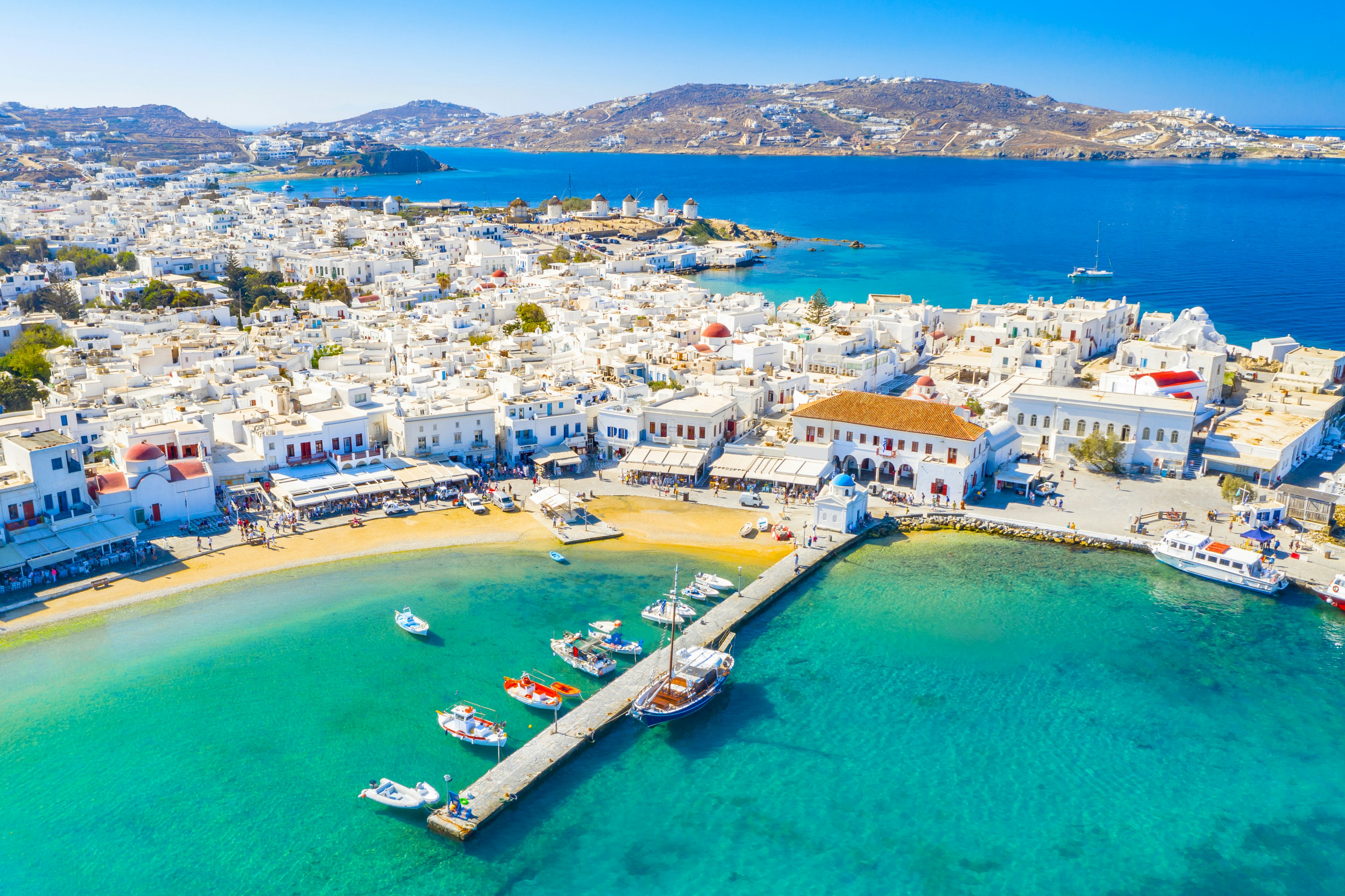 Aerial of a jetty at Mykonos town.