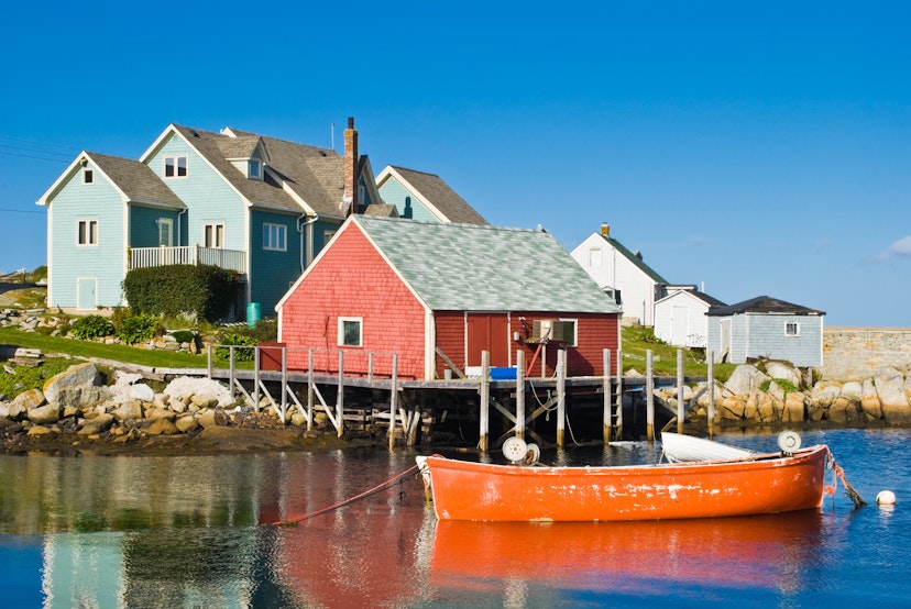 Fisherman's house and boats in bay, Peggy's Cove, Canada.
