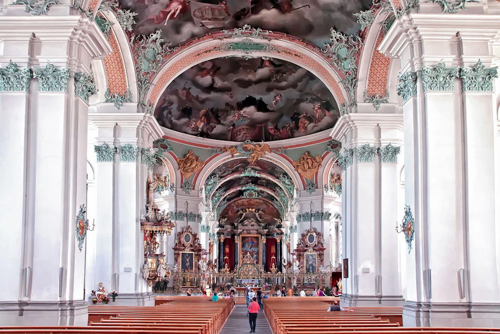 shutterstockRF_189181931.jpg The ornate decorations of the St. Gallen Cathedral Interior.