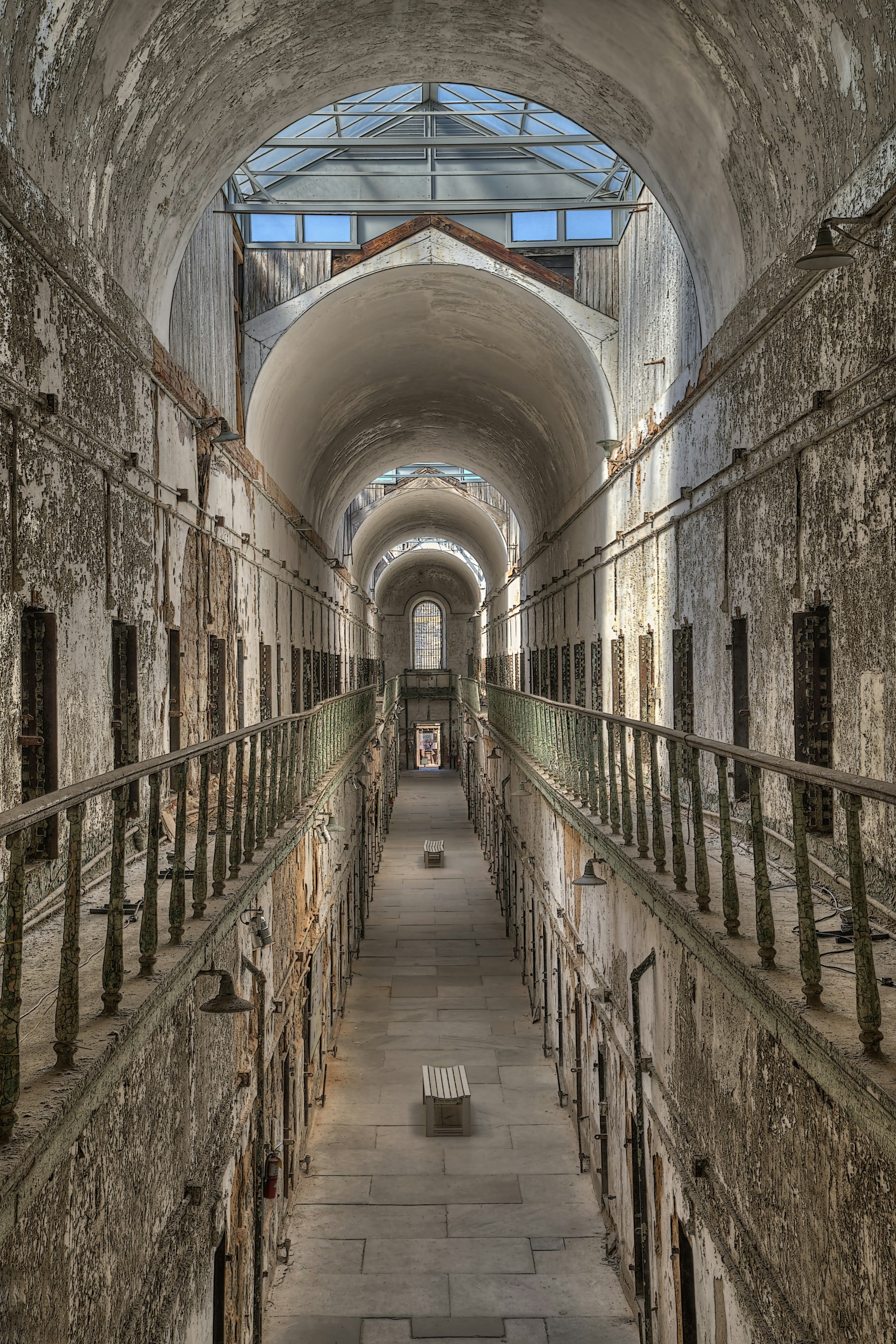 Abandoned jail cell block with a skylight at the Eastern State Penitentiary in Philadelphia