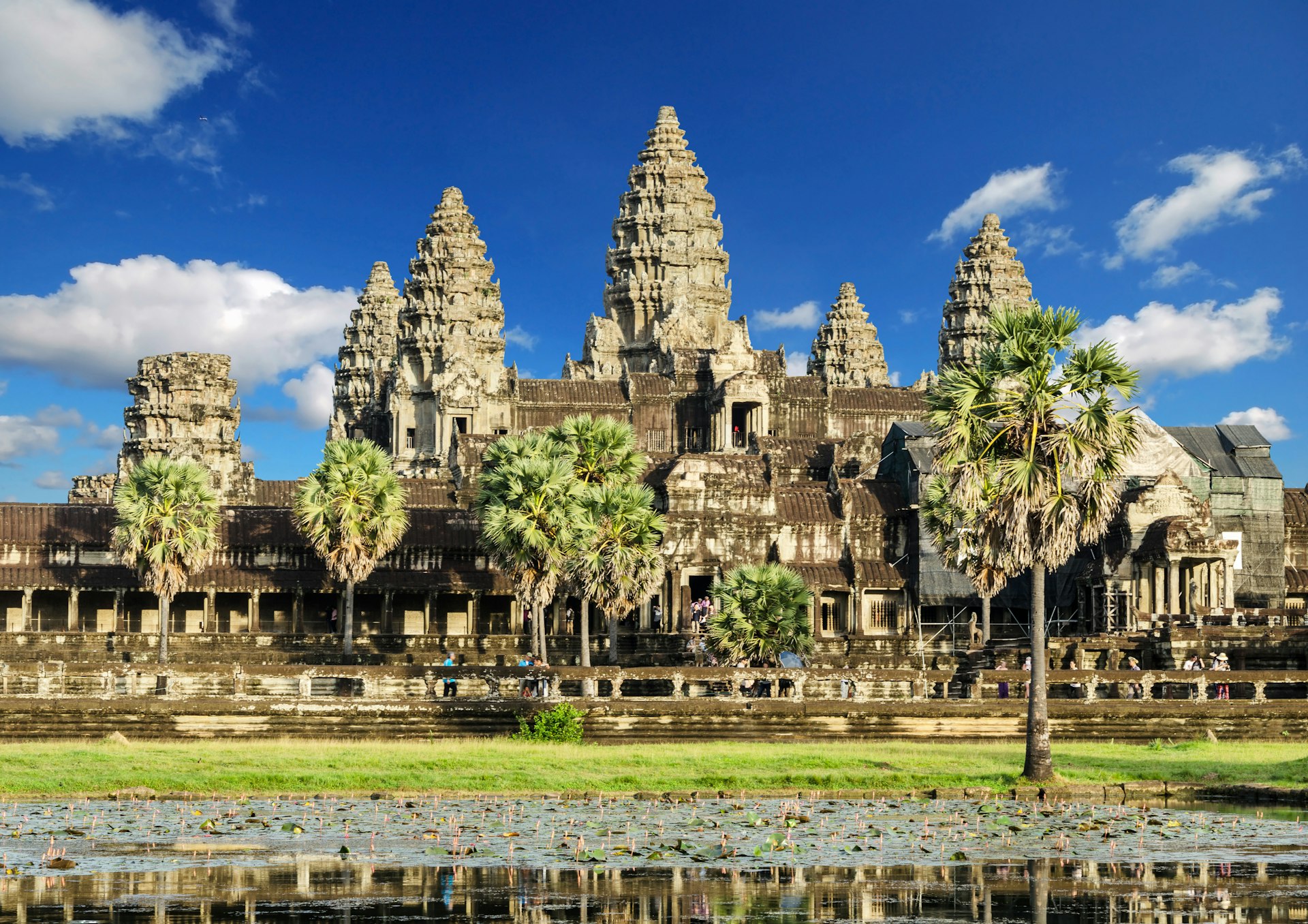 A view of Angkor Wat Temple, Cambodia. The temple is vast and ancient and is extremely popular with tourists.