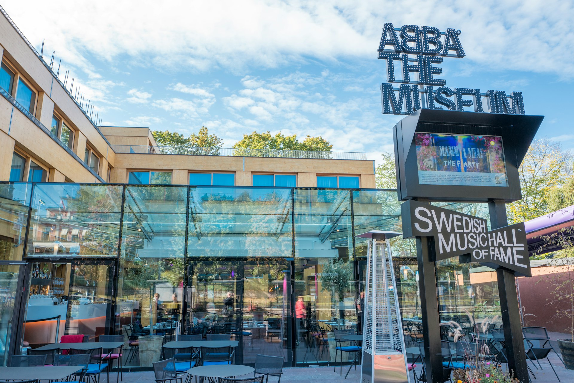 The glass exterior of ABBA The Museum in Stockholm
