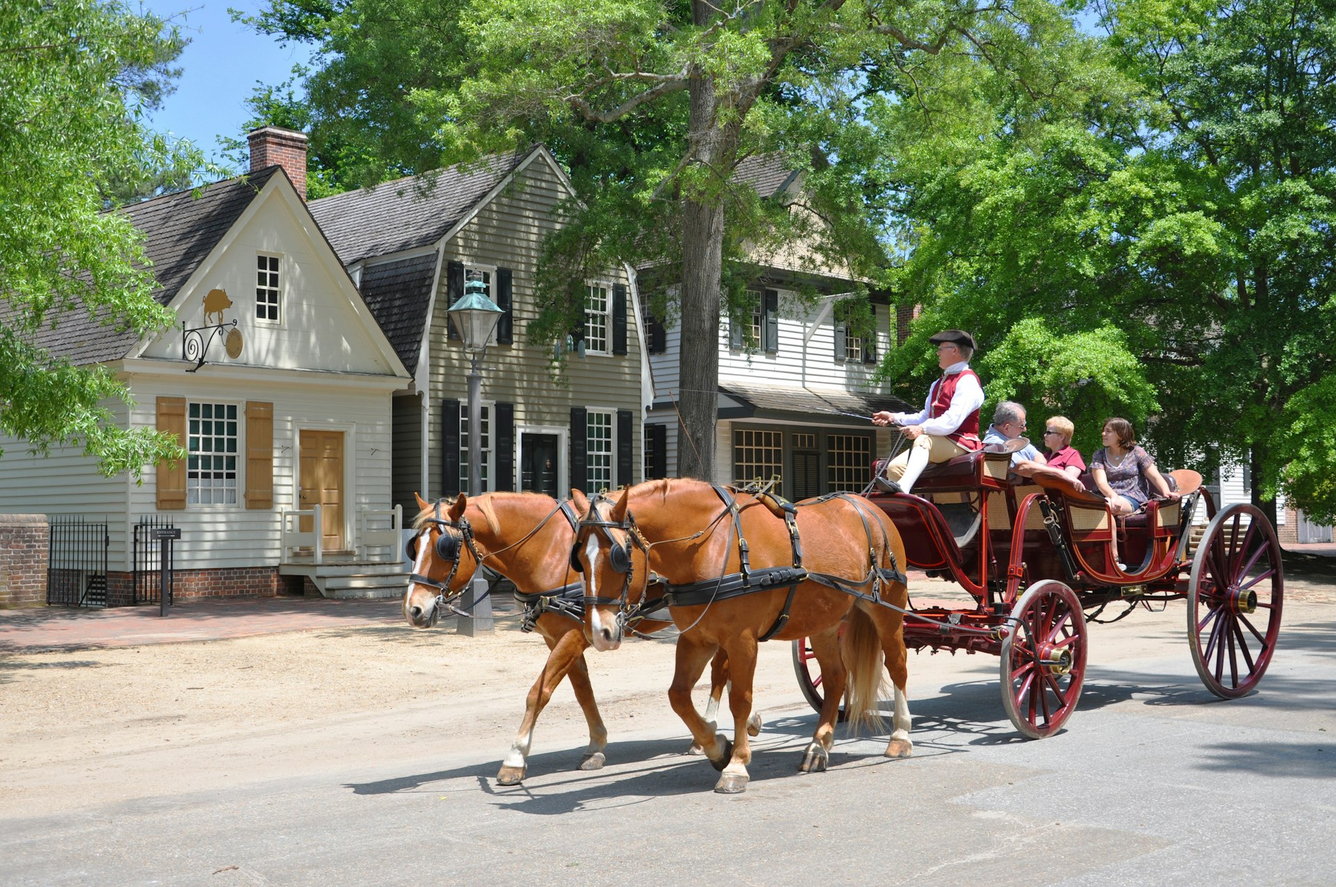 Horse drawn carriage tours in British Colony in Williamsburg, Virginia, USA.