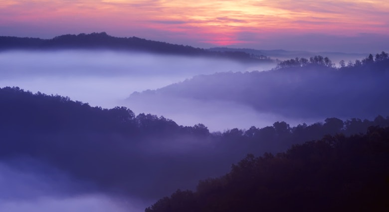 Sunrise in the layed mountains off Auxier Ridge in the Red River Gorge area of the Daniel Boone National Forest.