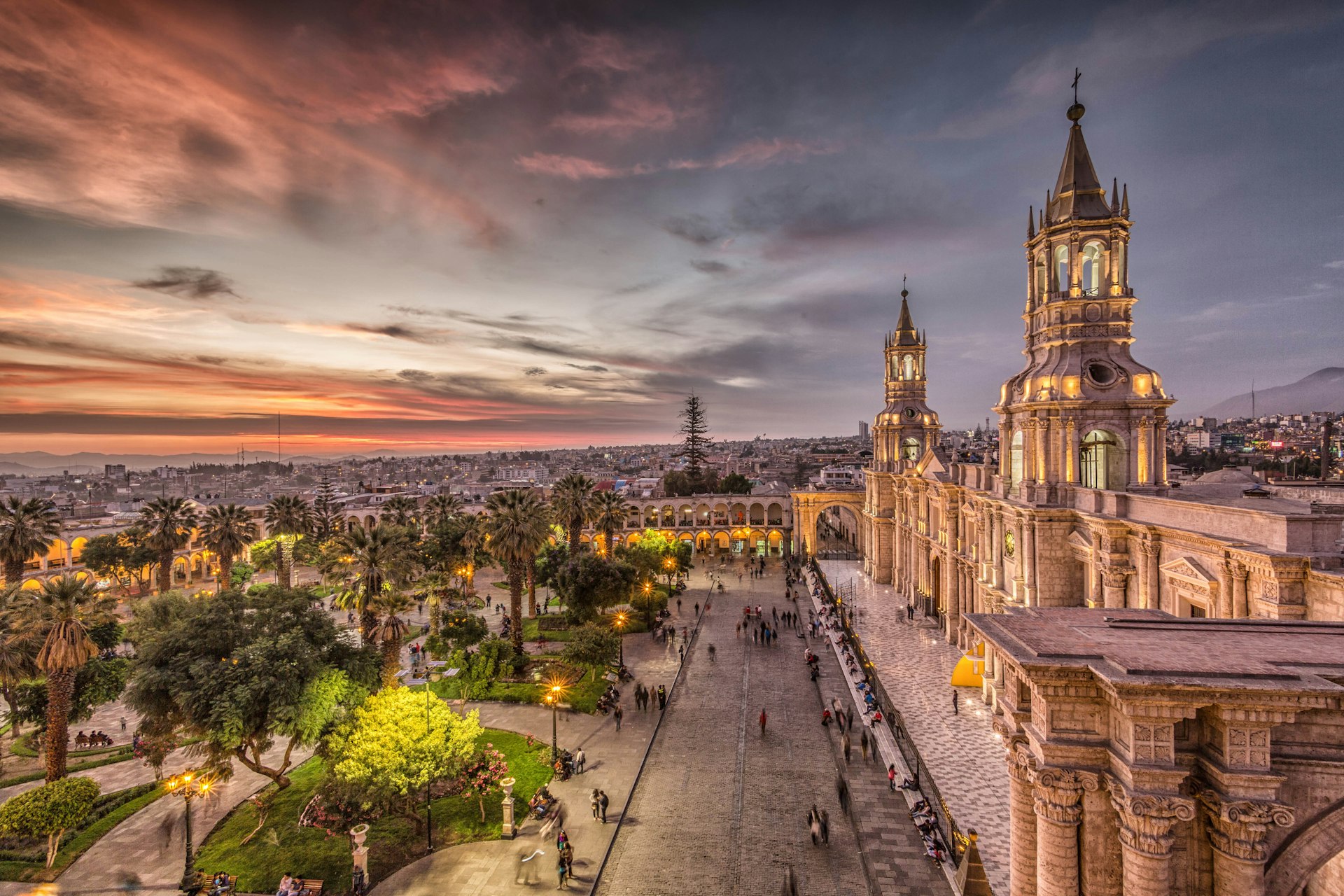 Sunset over the Plaza de Armas in Arequipa, Peru