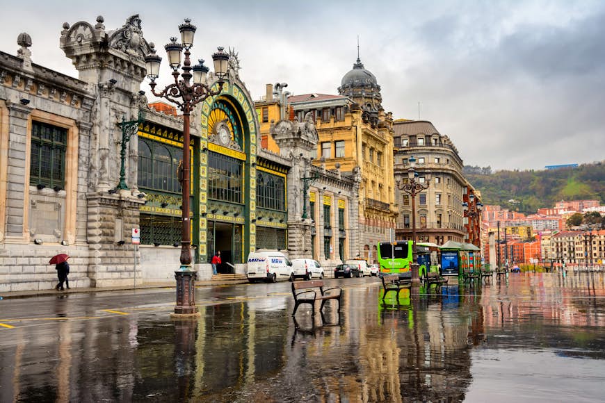 Bilbao-Concordia railway station, also known as La Concordia Station, in the rain
