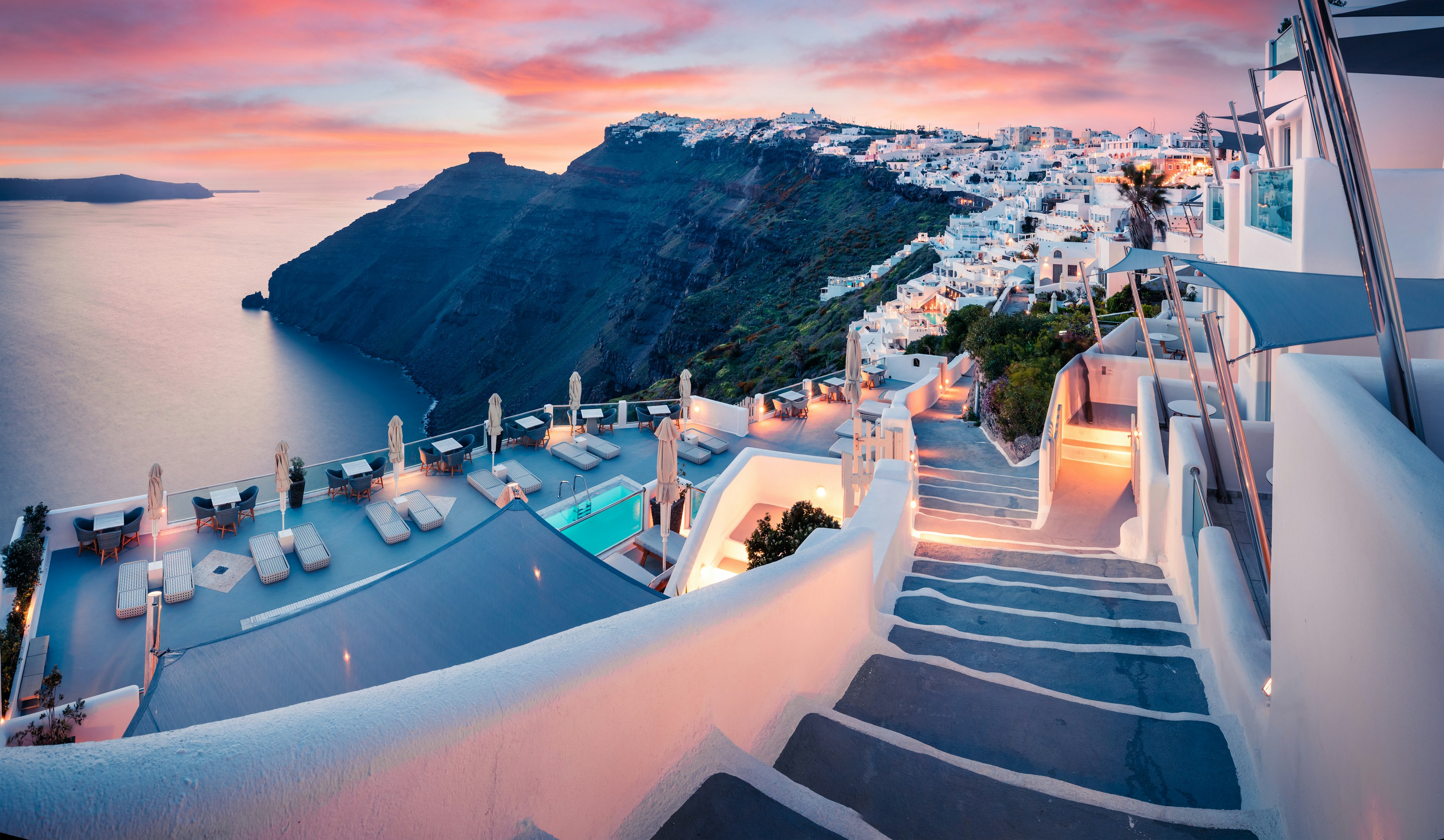 A spring sunset on the Greek town of Fira, looking out over the ocean