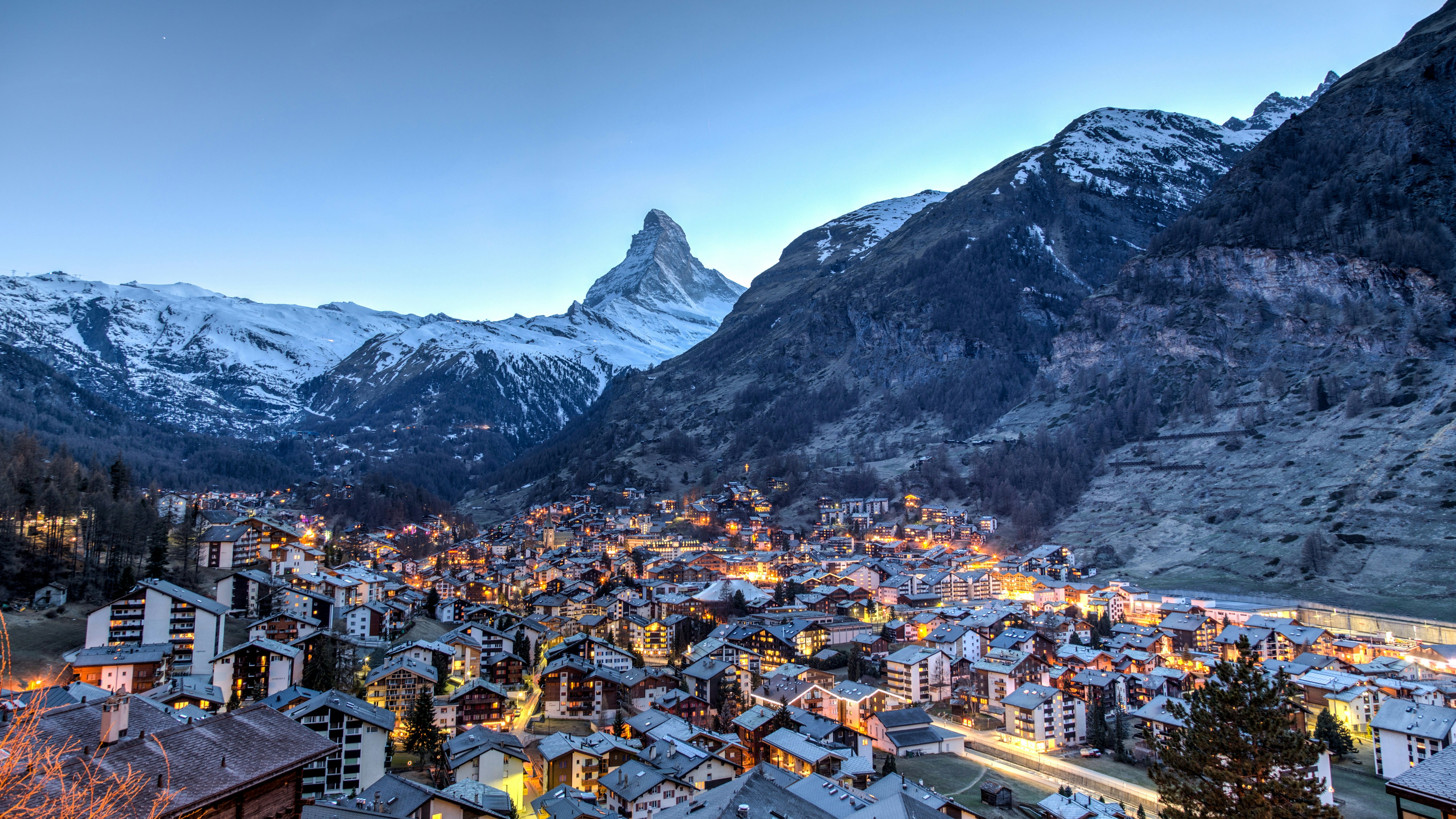 Panorama of Zermatt in the evening, with the Matterhorn beyond