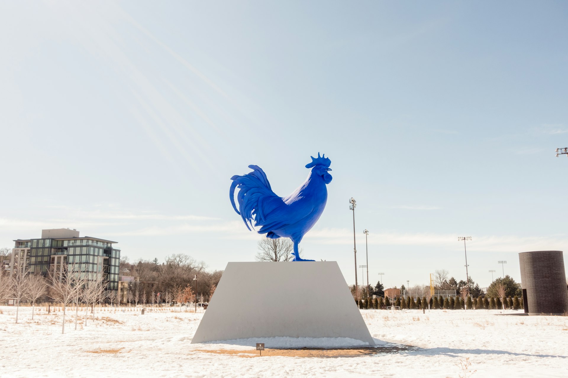 Blue cock on a white plinth at the Sculpture Park downtown Minneapolis Sculpture Garden