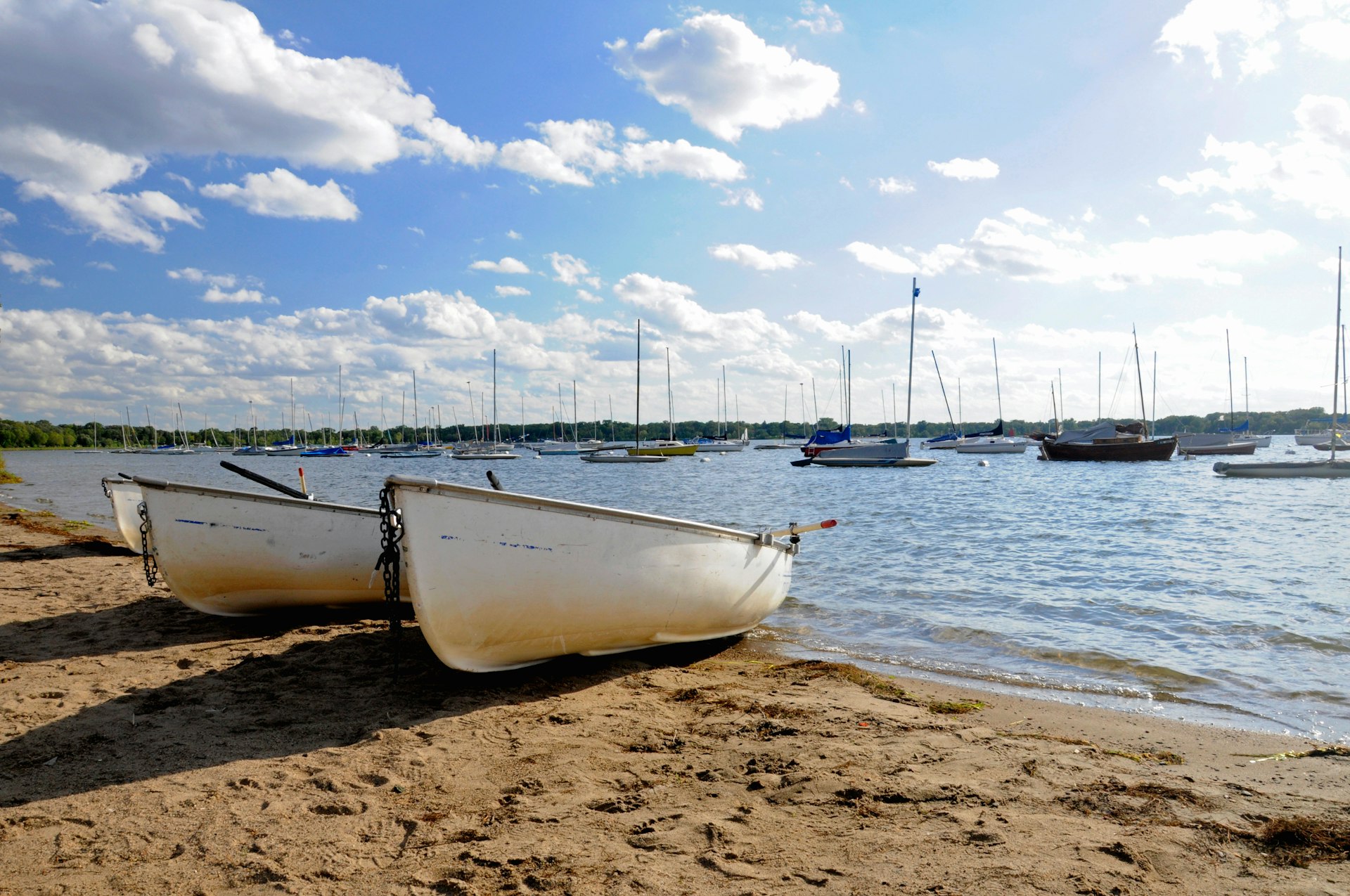 Boats on the shore of Lake Calhoun in Minneapolis, Minnesota