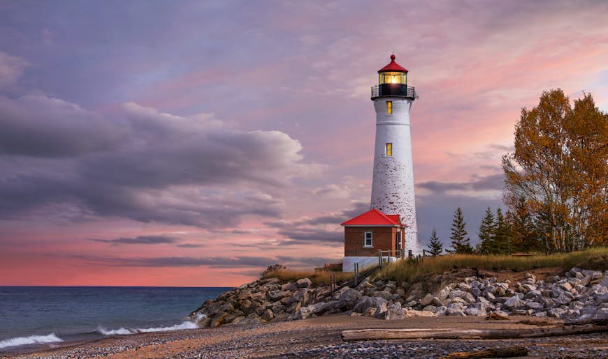 Crisp Point Lighthouse at sunset in Michigan