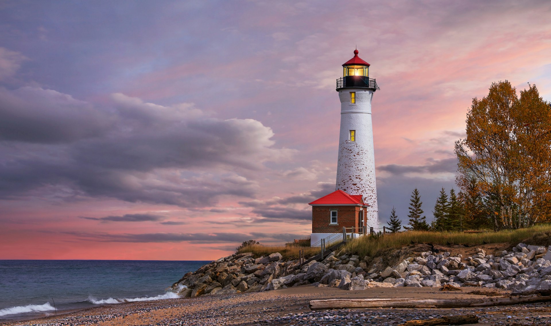 Crisp Point Lighthouse at sunset in Michigan