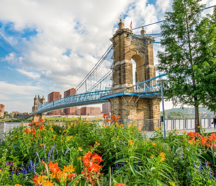 Cincinnati's lush and very active Smale Riverfront Park welcomes visitors to Ohio from the John A. Roebling Suspension Bridge (Covington, Kentucky is on the other side)