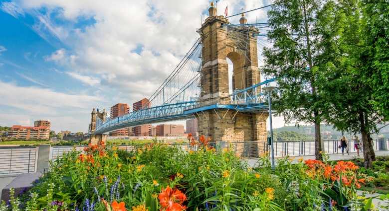 Cincinnati's lush and very active Smale Riverfront Park welcomes visitors to Ohio from the John A. Roebling Suspension Bridge (Covington, Kentucky is on the other side)