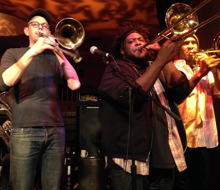 Members of No BS Brass Band of Richmond, Virginia perform at Stuart's Opera House, Nelsonville, Ohio, USA in February 2015.; Shutterstock ID 777310318