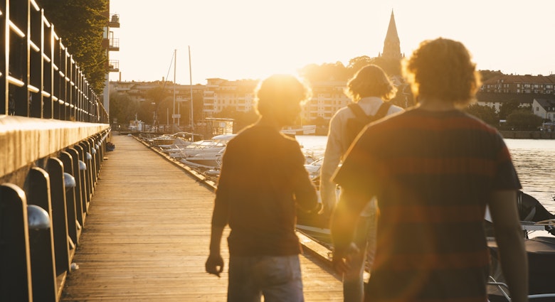 Rear view of teenage boy with male friends walking at harbor during sunset