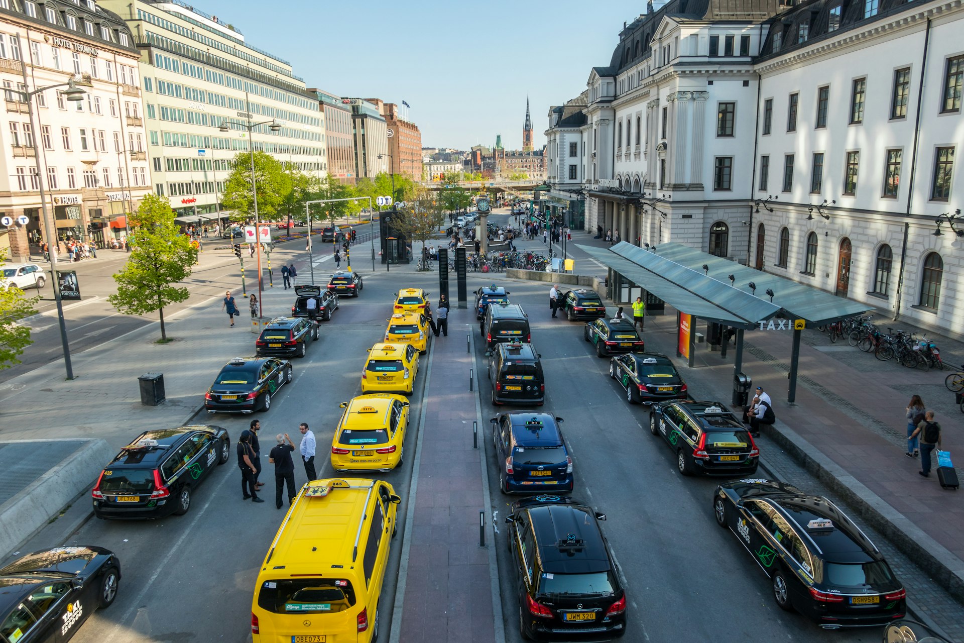 City view of many yellow and black taxis in line.