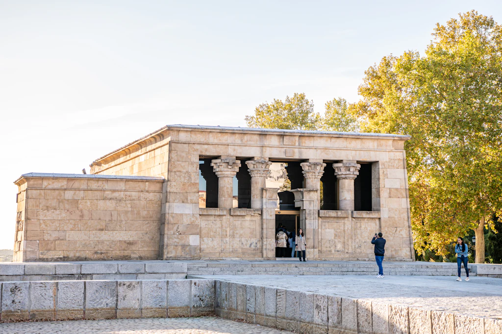 Temple of Debod in Madrid. People enjoy sightseeing at the Temple of Debod (Templo de Debod) in Madrid.