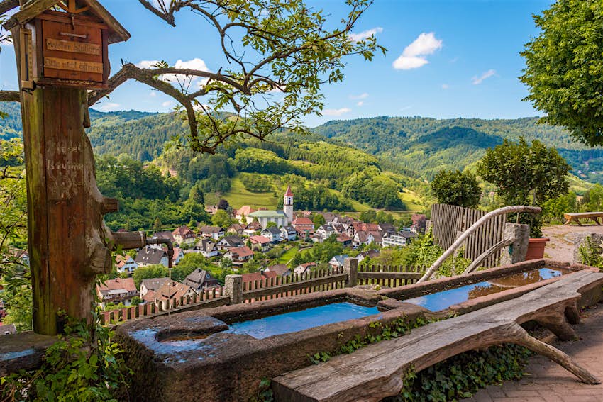 Photo of hilltop pool overlooking the small village of Ottenhöfen im Schwarzwald in the Black Forest, Germany