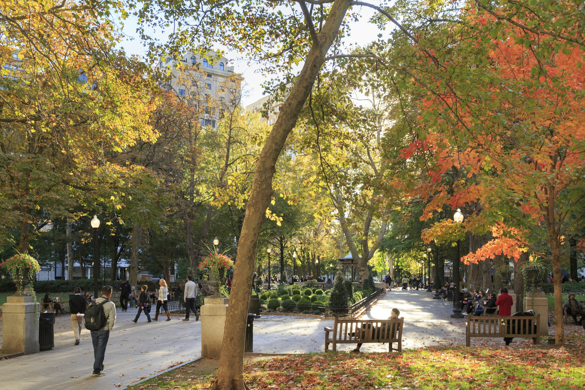 People walk or sit around in Rittenhouse Square on an autumn day in Philadelphia. The leaves were changing on the trees. 
