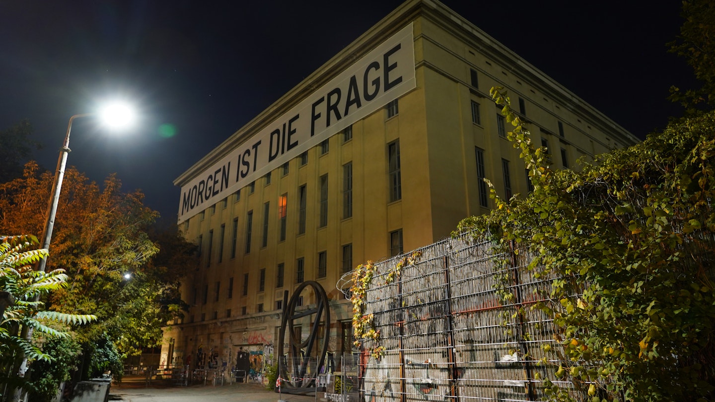 BERLIN, GERMANY - SEPTEMBER 30: A banner reads "Tomorrow is the question" at Berghain club during the coronavirus pandemic on September 30, 2020 in Berlin, Germany. Clubs in Berlin are still closed for indoor reveling as part of measures against the coronavirus. While some, like Berghain, have opened outdoor areas and introduced other means of creating income, all are struggling financially during the pandemic. Across Europe, governments are reining in nightlife with policies that range from curfews to outright closures, hoping to curb Covid-19 with a more targeted approach than the blanket lockdowns of the spring. During the recent surge of Covid-19 cases, people between the ages of 15 and 49 account for about 80% of those testing positive, according to the European Center for Disease Prevention and Control. Bars and clubs, with their young demographics, close quarters, and flowing alcohol, are seen as ripe environments for spreading coronavirus. Even when allowed to remain open, main venue owners have struggled to remain viable, with curfews and occupancy limits making deep cuts into their revenues. (Photo by Sean Gallup/Getty Images)