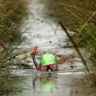 LLANWRTYD WELLS, UNITED KINGDOM - AUGUST 31:   A competitor takes part in the World Bog Snorkelling Championships held at Waen Rhydd Bog on August 31, 2009 in Llanwrtyd Wells, Wales.  (Photo by Richard Heathcote/Getty Images)