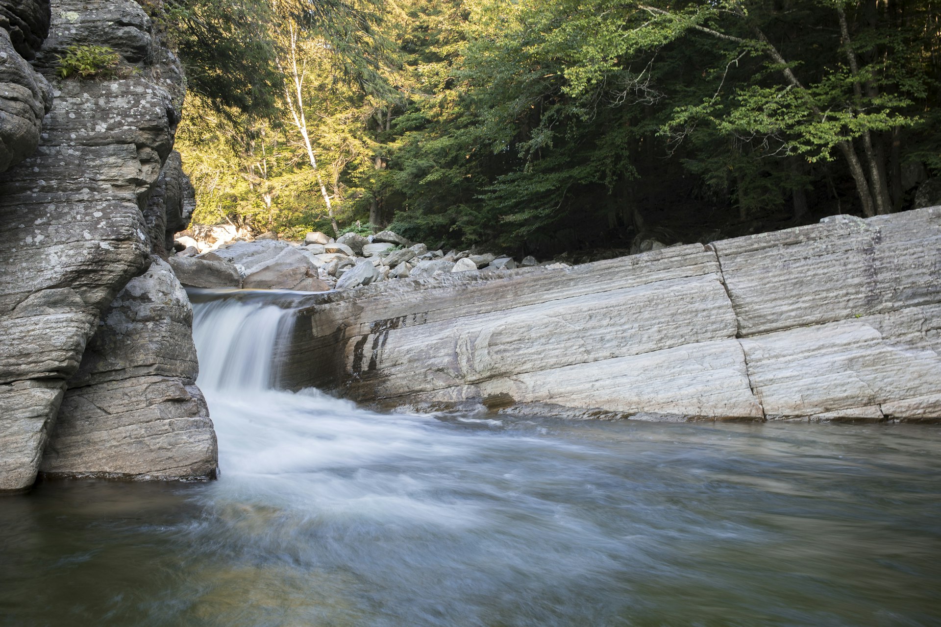 A long exposure of Bristol Falls, which is a popular swimming hole in Bristol, Vermont 