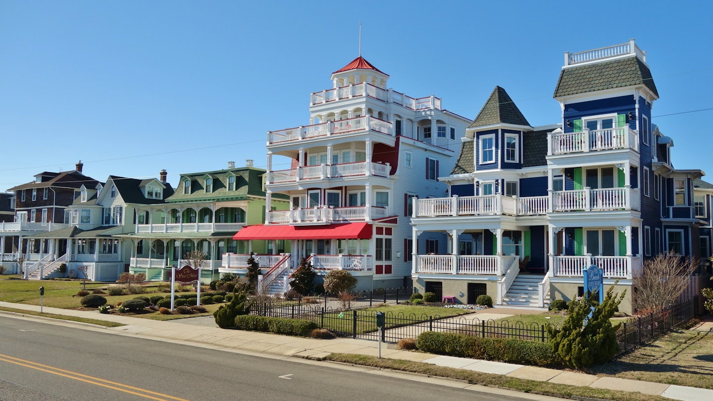 CAPE MAY, NJ -31 MAR 2018- Colorful historic Victorian houses line the waterfront in Cape May, at the southern tip of Cape May Peninsula in New Jersey where the Delaware Bay and Atlantic Ocean meet.