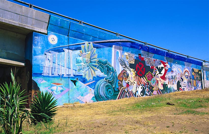 San Diego, Chicano Park murals under a blue sky