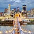 Cincinnatti skyline from atop Roebling Bridge, Covington, Kentucky