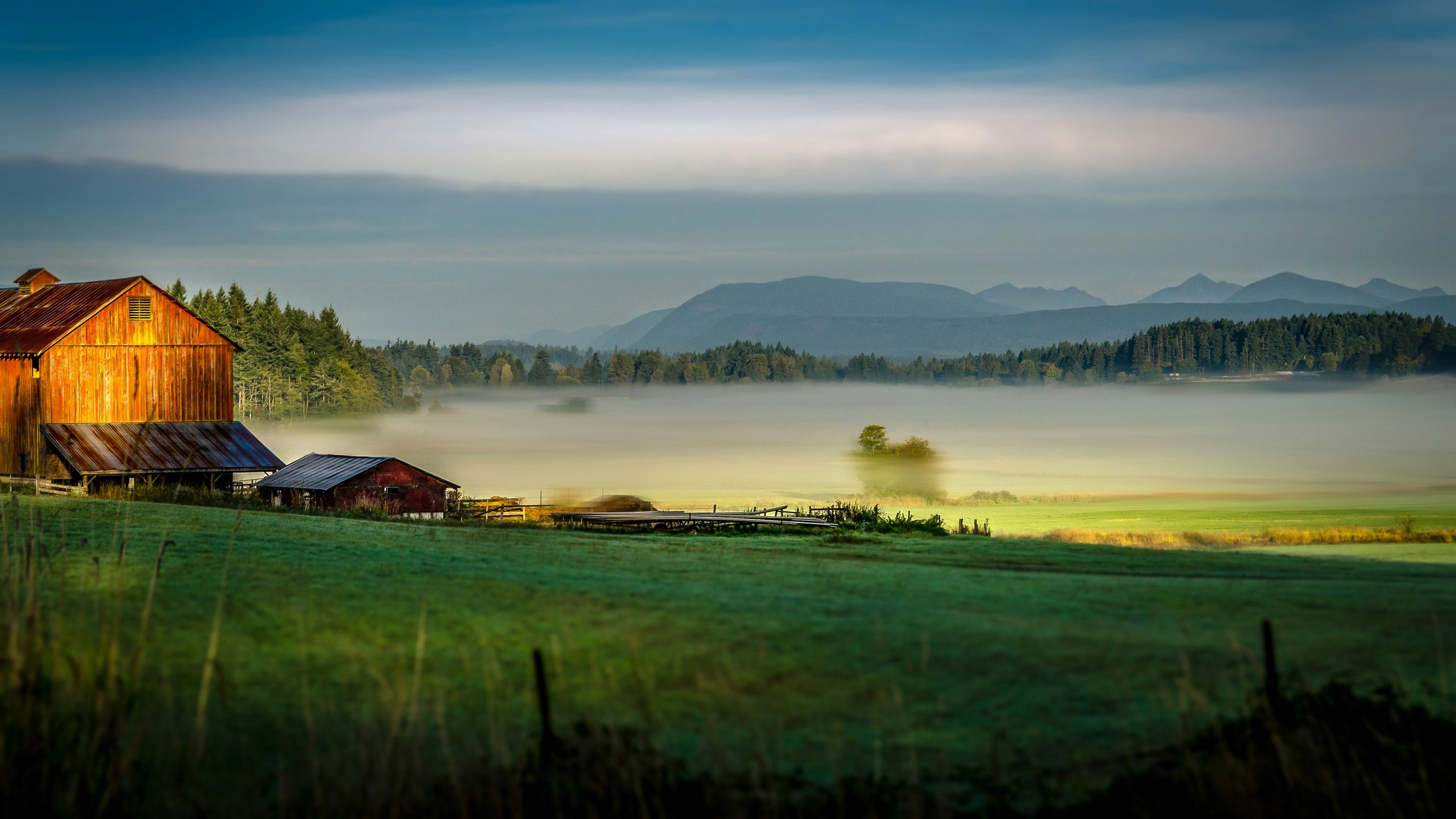 mist in front of rolling hills with a farm house in the foreground