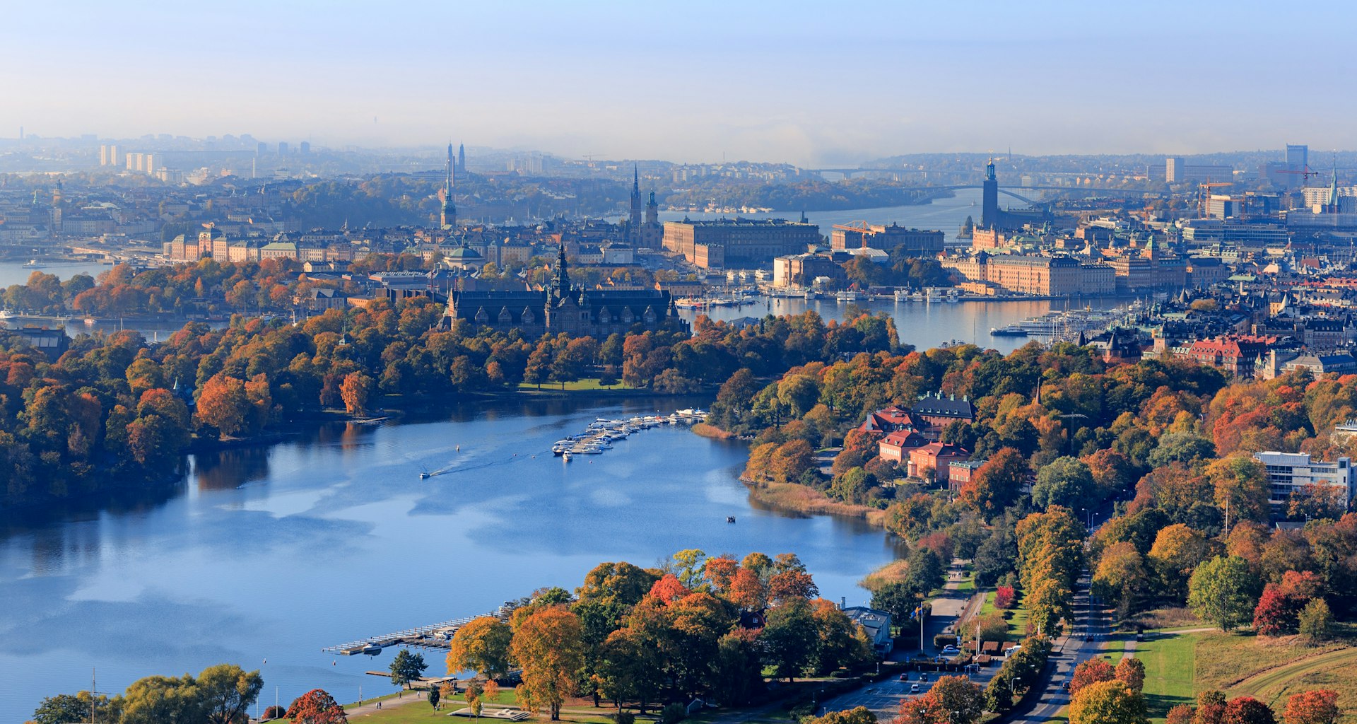 Aerial View of Djurgården and downtown Stockholm in Autumn
