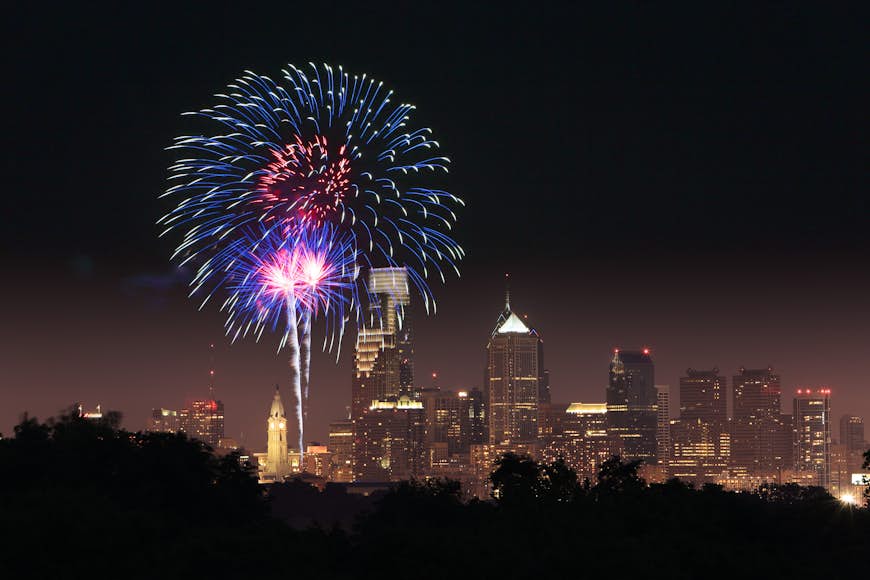 Fourth of July firework display in Philadelphia shot from Fairmount Park. 