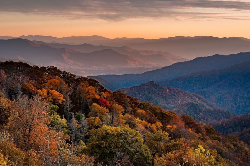 Scenic view of the Great Smoky Mountains against the sky during sunset