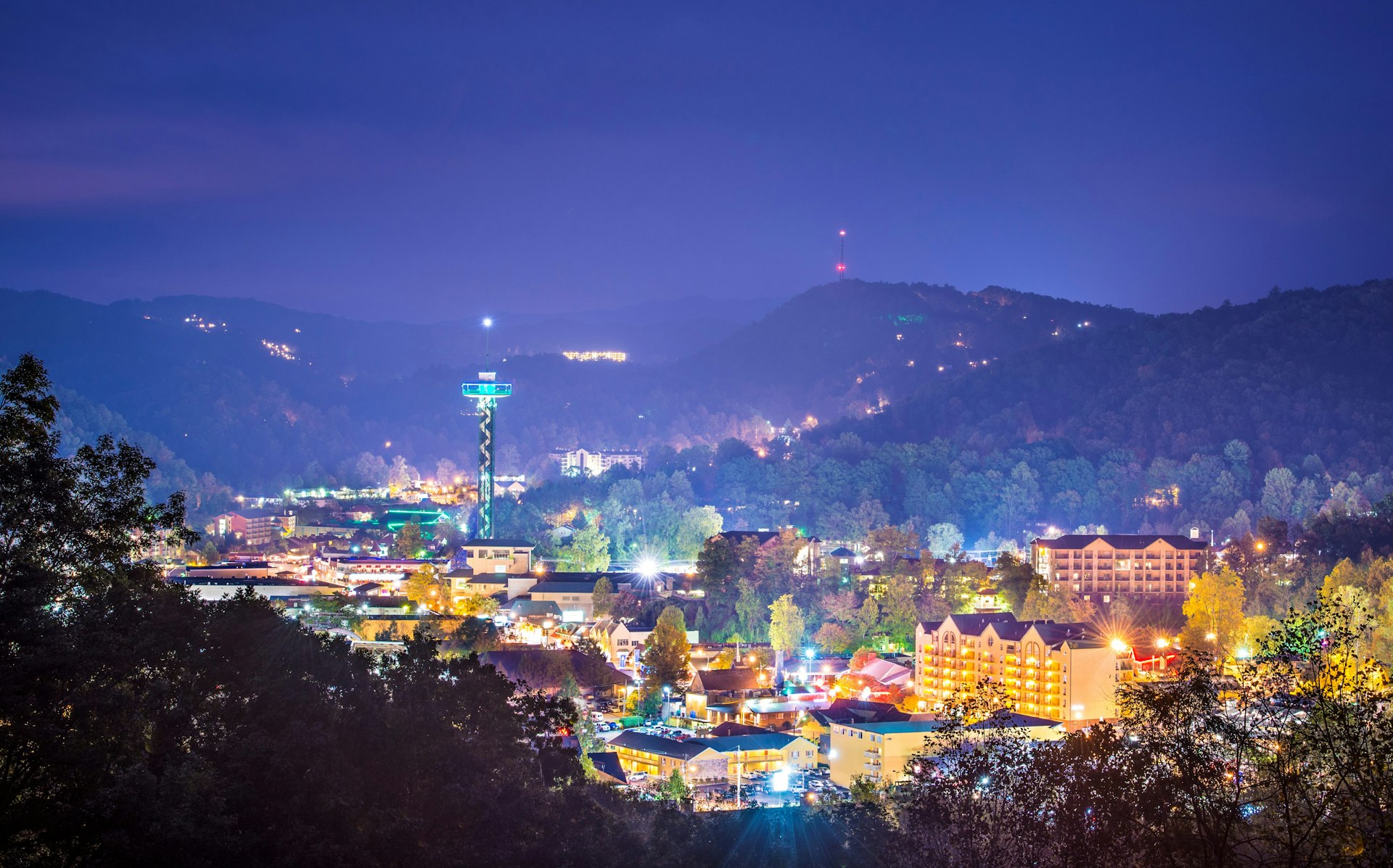 Town of Gatlinburg Tennessee lit up at night